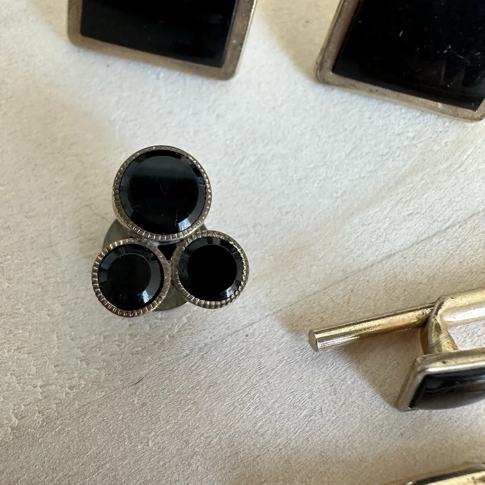VTG Swank Square Cufflink Formal Shirt Studs Tie Tack 0.5-1 Inch Black Onyx Gold